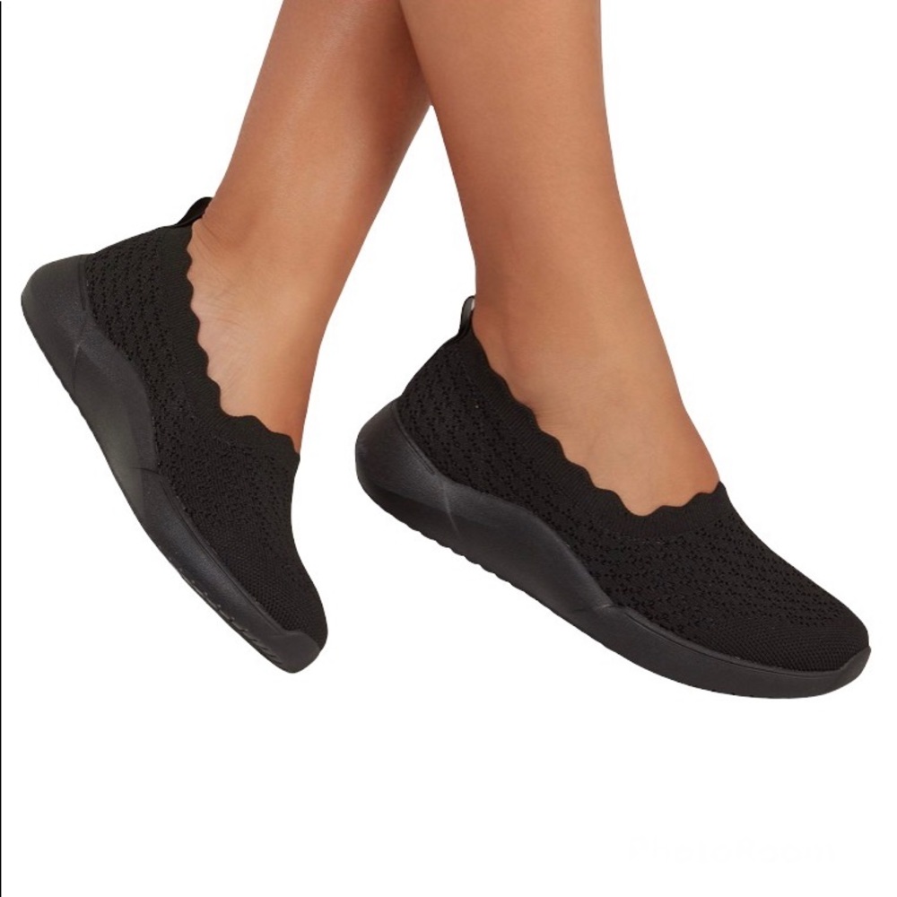 Skechers Black Knit Slip-On Flats with Scalloped Collar
